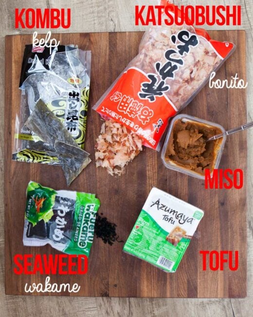 ingredients for miso soup recipes on board