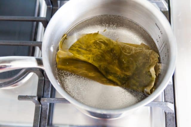 top down shot of kombu in pot