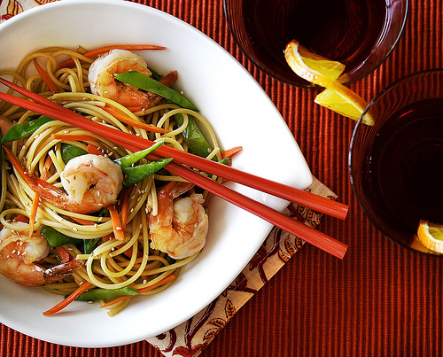 bowl of noodles and shrimp