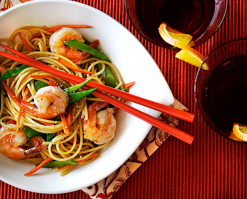 bowl of noodles and shrimp