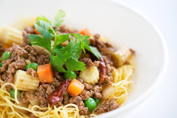 Ground Beef with Beijing Sauce Over Noodles