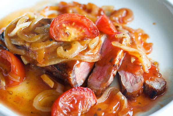 Pan Seared Steak with Sweet and Sour Tomato Sauc
