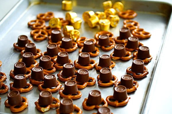 Rolo Pretzel Turtles on baking tray