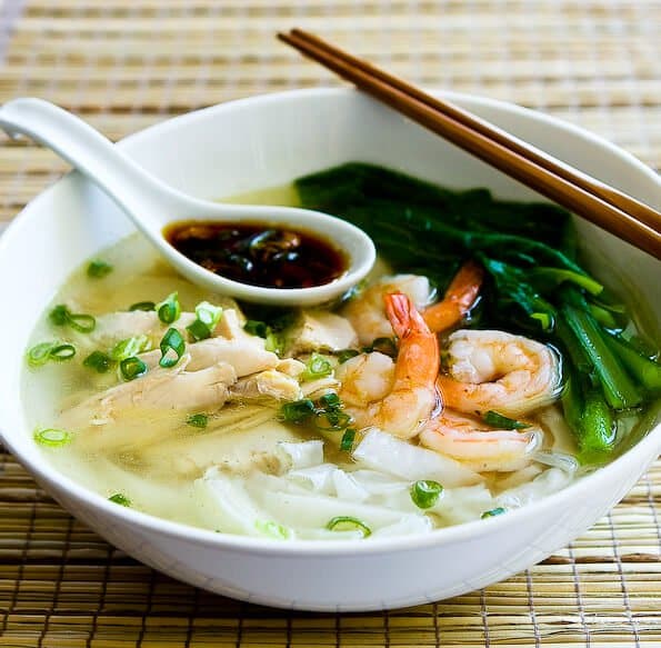 Malaysian Chicken Noodle Soup with Asian Greens and Chili-Soy Sauce