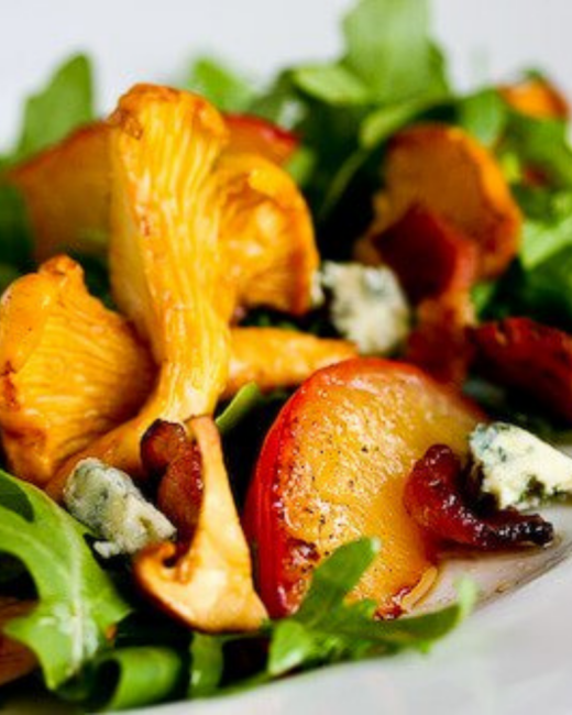 Chanterelle, Bacon and Plum Salad with Blue Cheese