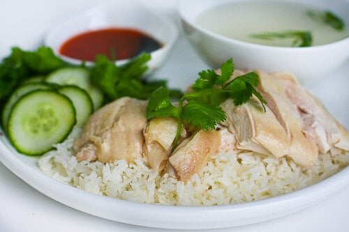 Hainanese Chicken Rice Recipe - Garnish with cucumber and cilantro