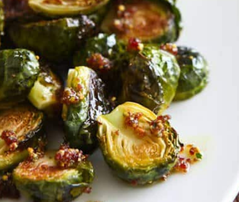 Roasted Brussels Sprouts with Cranberry Pistachio Pesto