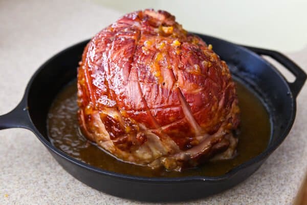 ham with peach juices in pan