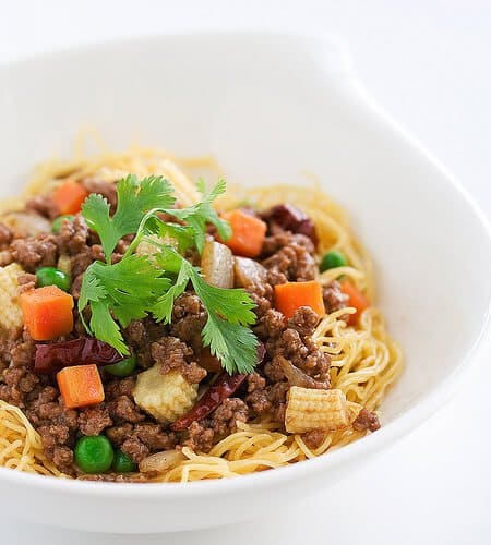 Ground Beef with Beijing Sauce Over Noodles