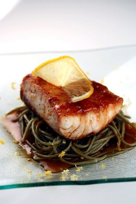 fish fillet with citrus soy sauce and soba noodles