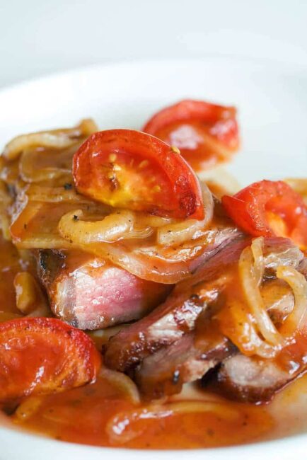 Pan Seared Steak with Sweet and Sour Tomato Onion Sauce
