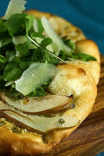 No Knead Pizza Dough: Pear and Gorgonzola Flatbread with Baby Arugula and Shaved Parmesan