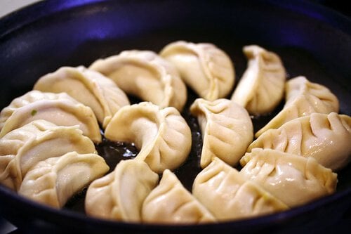 Pan Fried Pork and Shrimp Potstickers Recipe - pleating