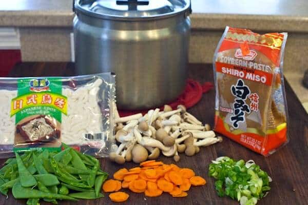 udon noodle soup with miso - vegetables