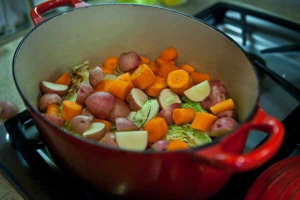 carrots and potatoes in pot