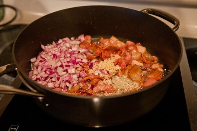 Bacon and onions in a skillet