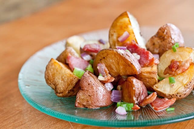 The finished bacon potato salad served on a plate