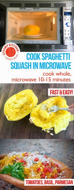 Cook spaghetti squash WHOLE in the microwave! Pierce a few times with paring knife. Microwave 10-15 minutes.  