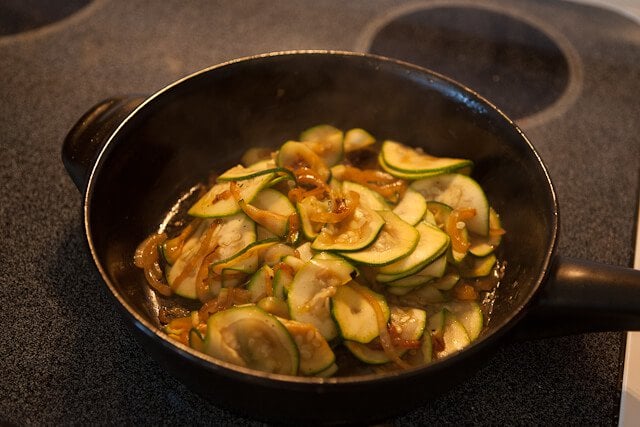 cooking onion and zucchini for Zucchini Frittata Recipe