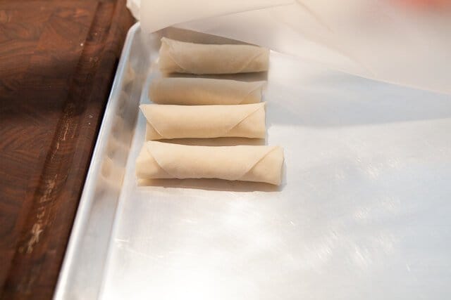Chinese Spring Rolls with Chicken Recipe - Place rolls seam side down