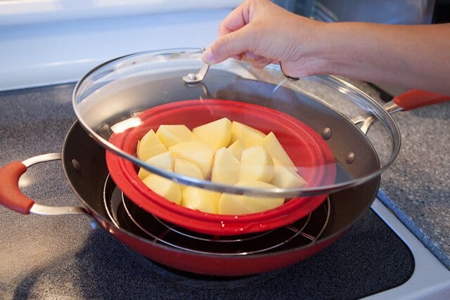 Very Best Mashed Potatoes no milk recipe - in steamer basket