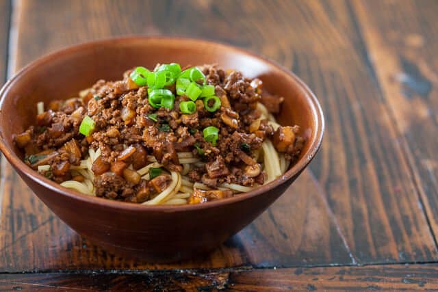 bowl of noodles and meat sauce