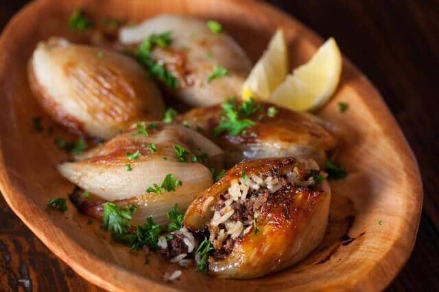 Lebanese Roasted Stuffed Onions in bowl