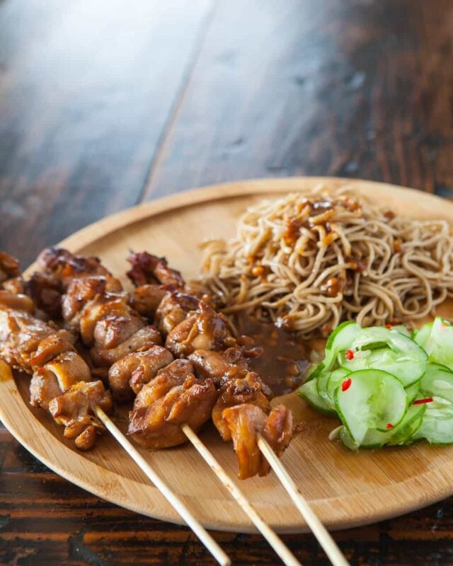 Chicken Satay with Peanut Noodles and Cucumber Salad Recipe