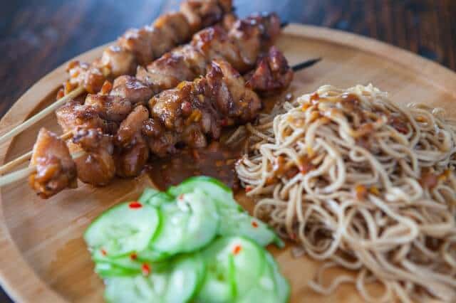 Chicken Satay with Peanut Noodles and Cucumber Salad Recipe