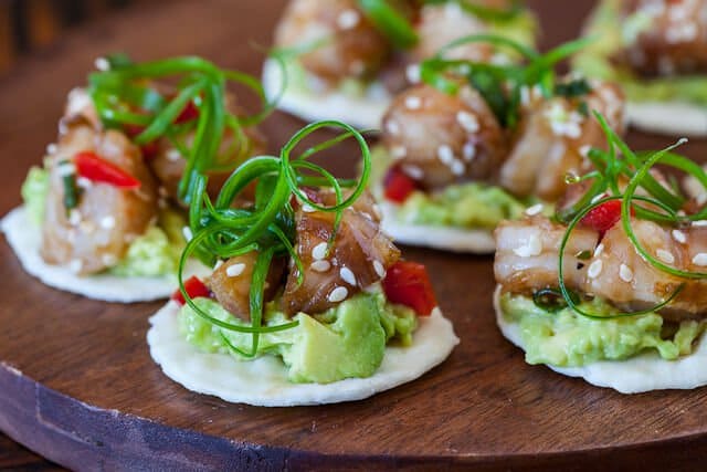 Wasabi Shrimp with Avocado on Rice Cracker