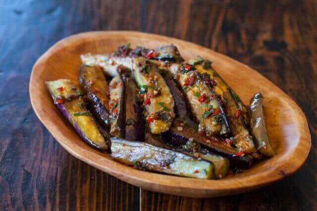 Roasted Eggplant slices topped with a jalapeño garlic sauce- a simple , Eggplant Recipe