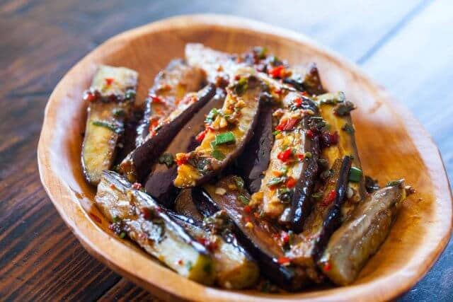  Eggplant with Spicy Garlic Sauce in a bowl