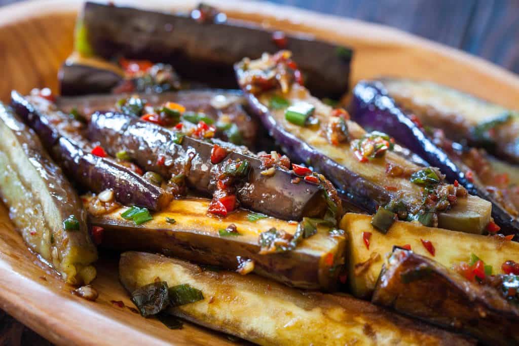 Roasted Eggplant slices topped with a jalapeño garlic sauce- a simple , Eggplant Recipe