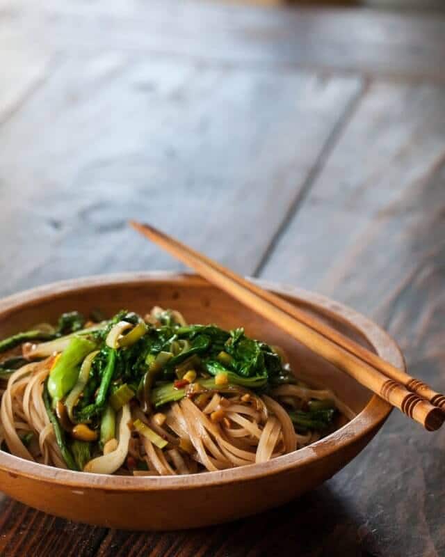 Satay Noodles and Greens in bowl