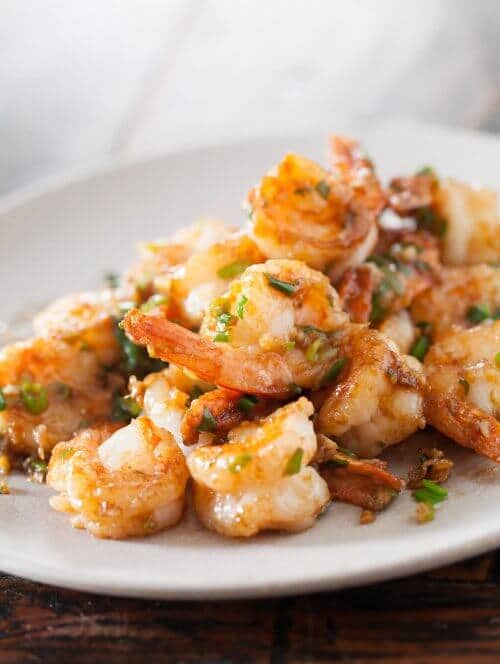 shrimp stir fry on white plate