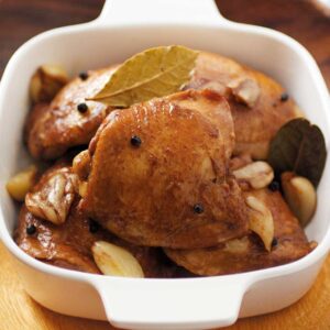 Chicken adobo in a baking dish