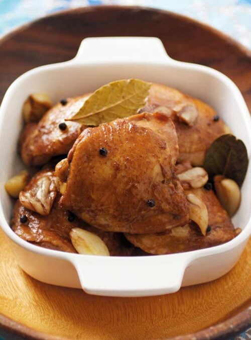 Chicken adobo in a baking dish