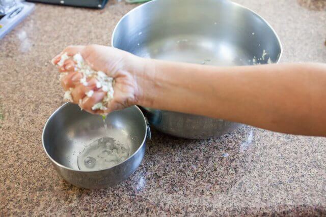 hand squeezing cabbage