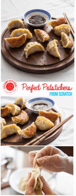 Homemade potstickers with crispy bottoms. Learn how to make the potsticker wrapper from scratch and how to pleat the dumplings so they never fall apart.