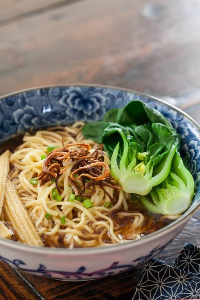 Customize instant noodles with baby bok choy and crispy shallots - 15 minute recipe!