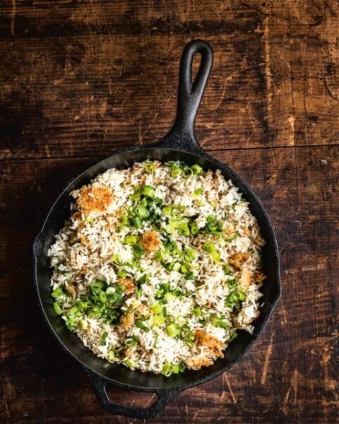 Bobby Flay's Crispy Coconut Scallion Rice Recipe • Steamy Kitchen