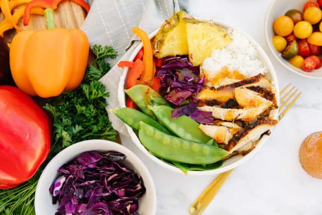 all the fixings for this pineapple chickenhearted  buddha bowl