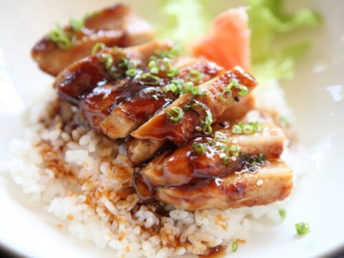 Teriyaki sauce over leftover chicken and rice.