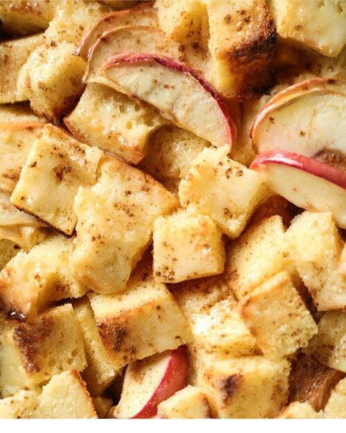 up close shot of sweet bread pudding with apples