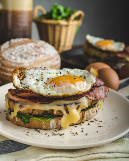 croque madam sandwich with leftover ham on a white plate. 