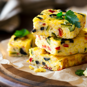 vegetable frittata slices stacked on parchment paper.