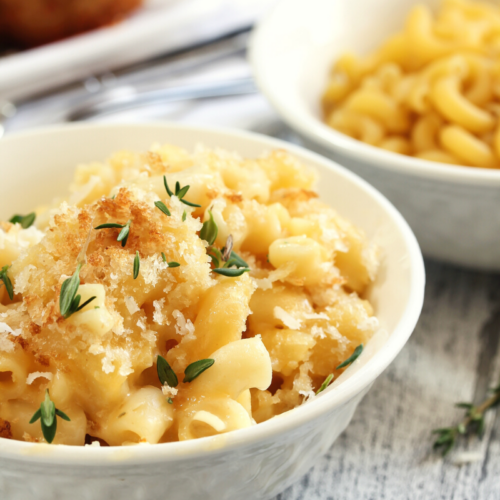 mac and cheese topped with breadcrumbs and fresh parsley.