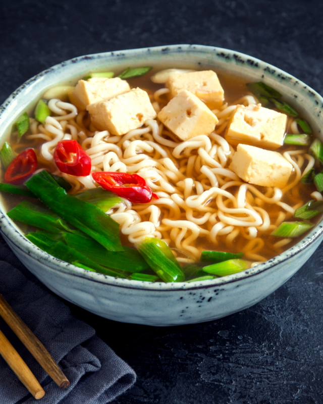 One bowl of ramen with tofu and greens.