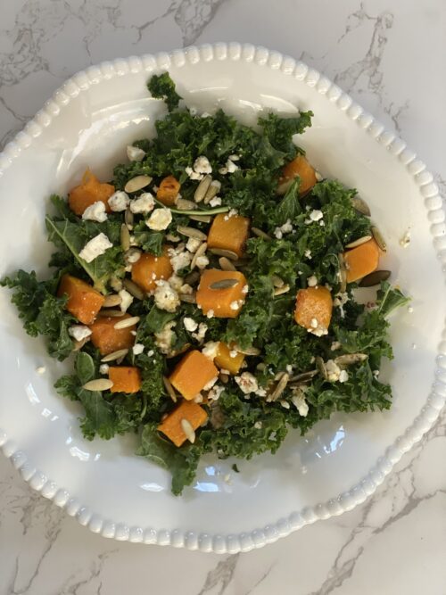 Finished dish of the Roasted Squash, Kale & Feta Salad with Walnut Vinaigrette