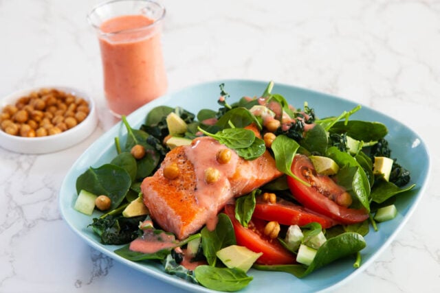 salad salmon baked crispy chickpeas fresh strawberry vinaigrette